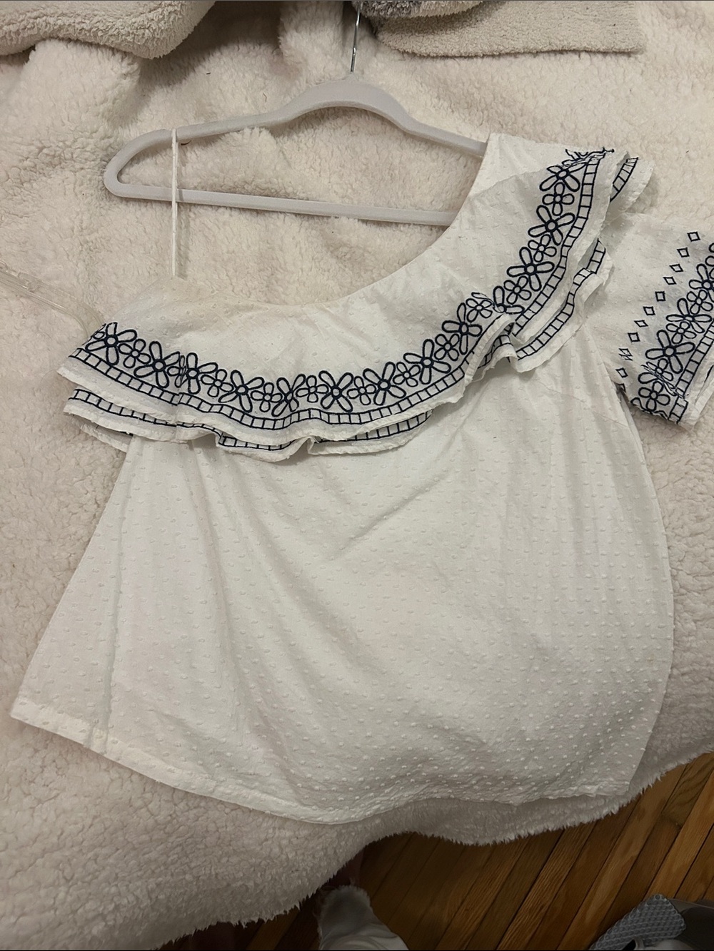 Jade White One-Shoulder Eyelet Top with Navy Floral Embroidery
